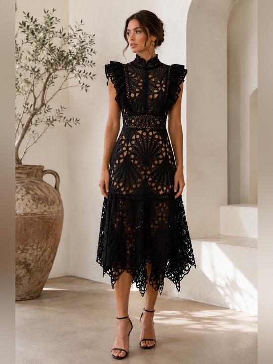 Dalia Macphee Dresses & Skirts - NWT Dalia MacPhee Black Lace Illusion Midi Dress Ruffle Sleeve Formal Size M